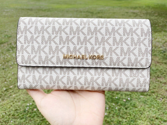 Michael Kors Jet Set Travel Large Trifold Wallet Signature MK Brown Black Pink